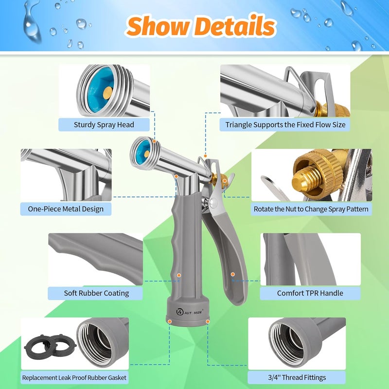 AUTOMAN Full Size Garden Hose Nozzle, High Pressure Pistol Grip Water Nozzle Sprayer with Threaded Front, Adjustable Spray Water Flow for Washing Car, Cleaning Ground, Watering Plants, Showering Pets - Image 2